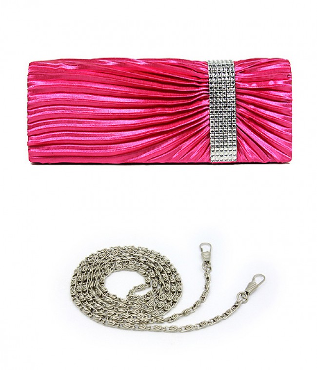 Evening Bag - Pleated Satin w/ Linear Stones Accent - Fuchsia -BG-92429FU